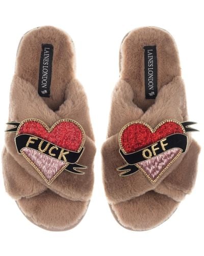 Laines London Classic Laines Slippers With Fuck Off Brooches - Brown