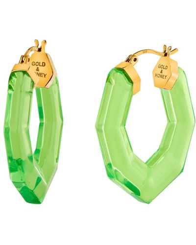 Gold & Honey Pear Gemstone Lucite Hoop Earrings In Green