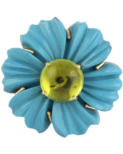Artisan Flower Carving Turquoise 18k Diamond Peridot Ring - Blue