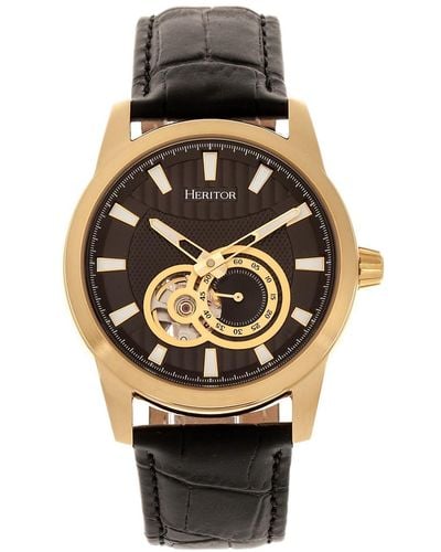 Heritor Davidson Semi-skeleton Leather-band Watch With Seconds Sub-dial - Metallic