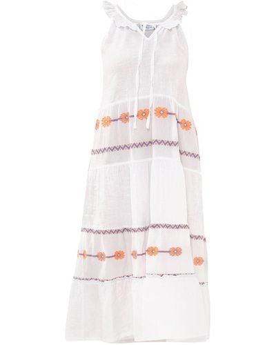 Haris Cotton Smock Linen Dress With Embroidered Cotton Panels - White