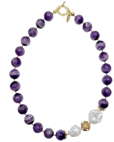 Farra Amethyst With Baroque Pearls Statement Necklace - Blue