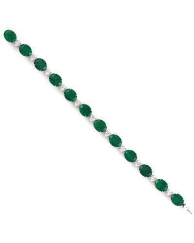 Artisan Oval Cut Diamond & Emerald Gemstone In 18k White Gold Designer Bracelet - Green