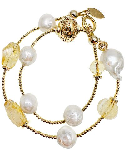 Farra Citrine With Freshwater Pearls Double Wrapped Bracelet - Metallic