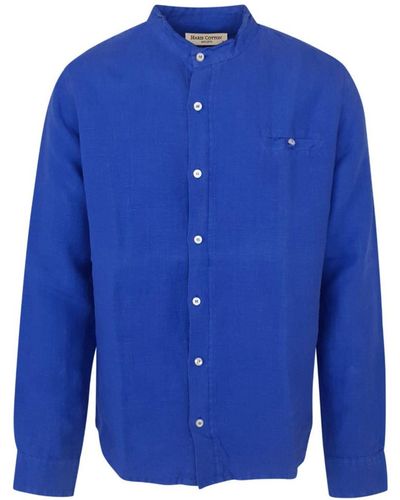Haris Cotton Slim Fit Mandrin Neck Linen Shirt-lapis - Blue