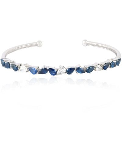Artisan 18k White Gold Pear Shape Blue Sapphire & Diamond Cuff Bracelet Bangle Jewelry