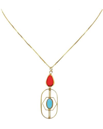 Aracheli Studio Geometric Art Redish-orange And Baby Blue Chain Necklace - Metallic