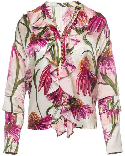 Vasiliki Atelier Echinacea Floral Silk Ruffle Neck Blouse - Pink