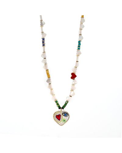Ebru Jewelry Red Heart & Evil Eye Pendant Pearl Heart Beaded Colorful Necklace - Metallic
