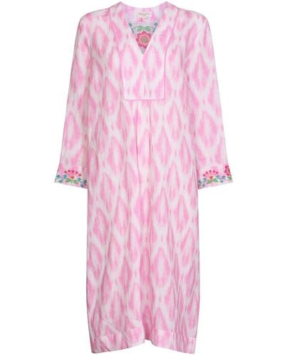NoLoGo-chic Ikat Embroidered Picot Midi Dress Linen Pink