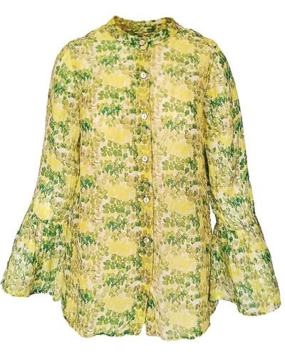 Haris Cotton Printed Linen Gauze Shirt With Long Ruffled Sleeves - Yellow