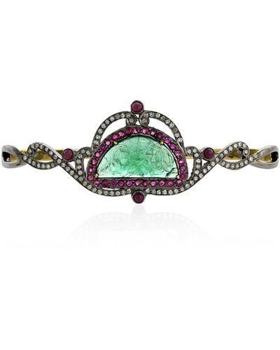 Artisan Carved Emerald & Ruby Pave Diamond In 18k Gold With Silver Designer Palm Bracelet - Green