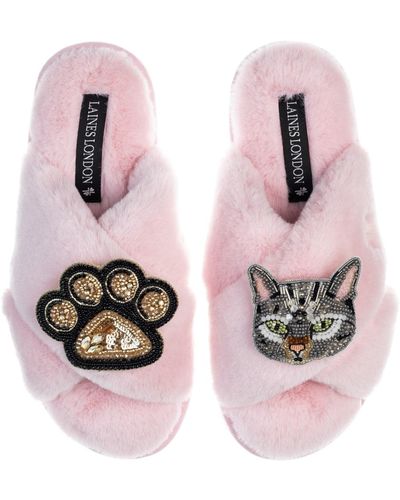 Laines London Classic Laines Slippers With Grey Pebbles Cat & Paw Brooches - Pink
