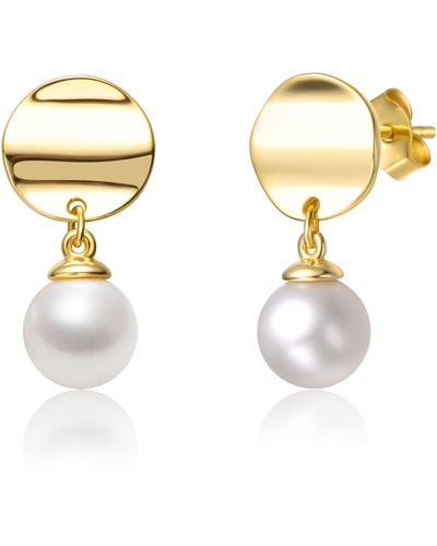 Genevive Jewelry Sterling Silver Yellow Gold Plated With White Pearl & Gold Medallion Coin Double Drop Dangle Earrings - Metallic