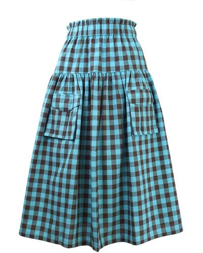 Zenzee Brown & Turquoise Gingham Linen Cargo Skirt - Blue