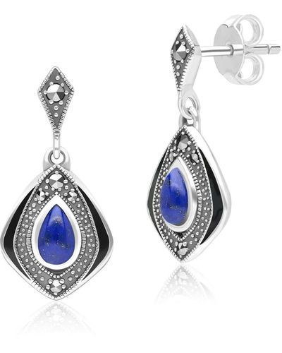 Gemondo Art Deco Style Kite Lapis Lazuli & Marcasite Drop Earrings In Sterling Silver - Blue