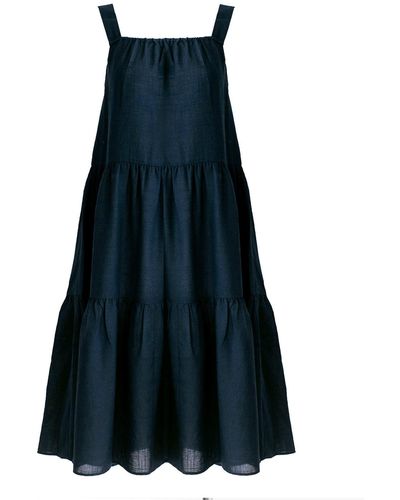 Zenzee Cotton Linen Gathered Strap Tiered Dress - Blue