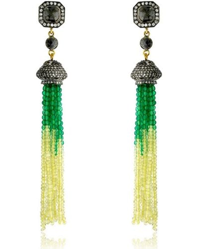 Artisan Lemon Quartz & Onyx Pave Diamond Beaded Tassel Earrings In 925 Silver With 18k Gold - Green