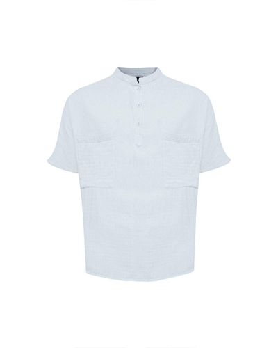 Monique Store Linen Mandarin Half Neck Button Two Chest Pocket Shirt - White