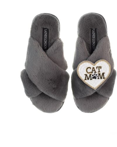 Laines London Classic Laines Slippers With Cat Mum / Mom Brooch - Grey