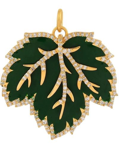 Artisan 14k Yellow Gold Pendant Green Enamel Leaf Resplendent With Pave Diamonds