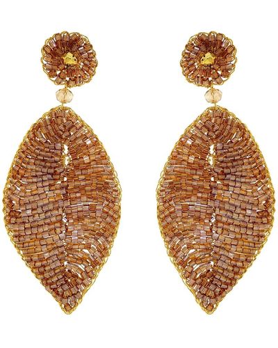 Lavish by Tricia Milaneze Neutrals / Amber & Gold Leaf Handmade Crochet Earrings - Brown