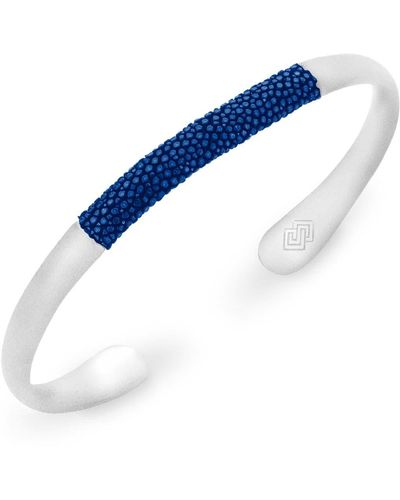 SALLY SKOUFIS Marino Cuff With Galuchat Leather Blue In Brushed Silver