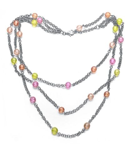 Genevive Jewelry Cubic Zirconia Sterling White Gold Plated Three Row Multi Colour Ball Necklace - Metallic