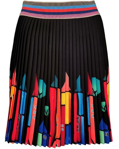 Lalipop Design Black Mini Pleated Skirt With Colorful House Prints - Red