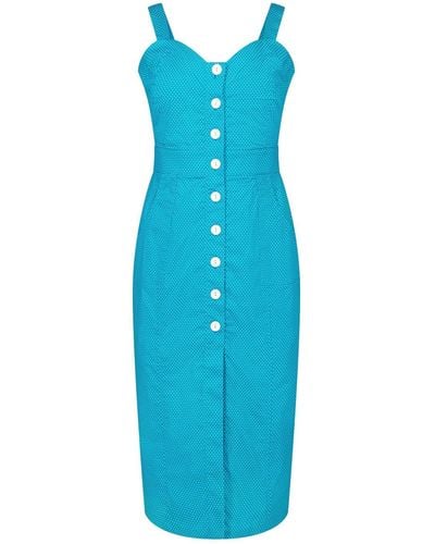 Deer You Queenie Quintessential Sweetheart High Waisted Dress In Teal Pin Spot - Blue