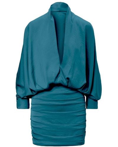 BLUZAT Turquoise Mini Dress With Draping Detailing And Wide Sleeves - Blue