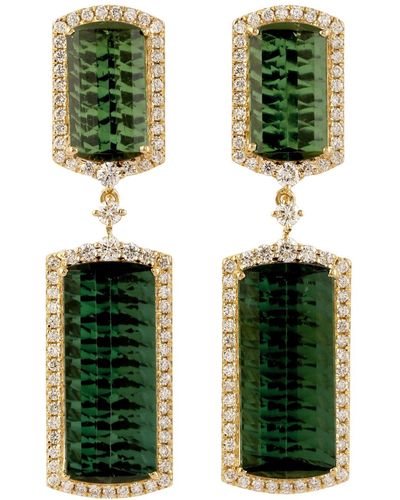 Artisan Beautiful Green Tourmaline Pave Diamond Designer Dangle Earrings In 18k Yellow Gold