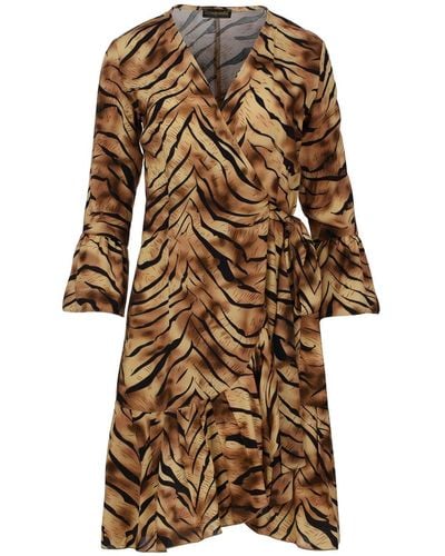 Conquista Tiger Print Viscose Wrap Dress With Bell Sleeves - Brown