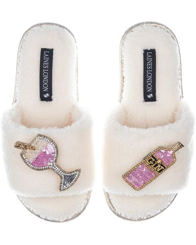Laines London Teddy Towelling Slipper Sliders With Pink Gin Brooches