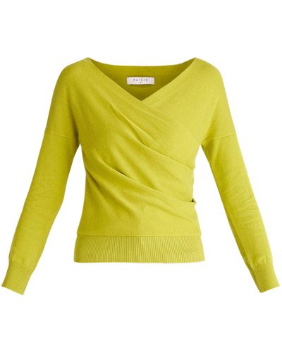 Paisie Knitted Wrap Top With Long Sleeves In Lime - Yellow