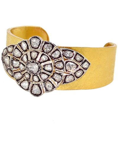 Artisan Uncut Diamond 18k Solid Yellow Gold Cuff Bangle Handmade Jewelry - Metallic