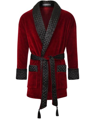 Bown of London Belgravia Luxury Cotton Short Velvet Smoking Jacket In Burgundy - Red