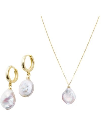 Spero London Baroque Flat Pearl Pendant Necklace & Earring Sterling Silver Set - Metallic