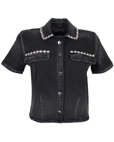 Lalipop Design Hand Stitched Crystal Embellished Denim Cropped Jacket - Black