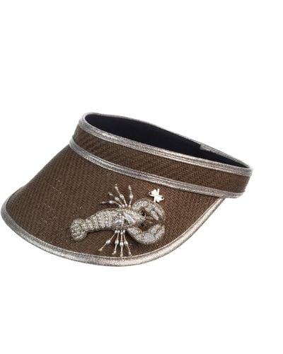 Laines London Straw Woven Visor With Beaded Lobster Brooch - Brown