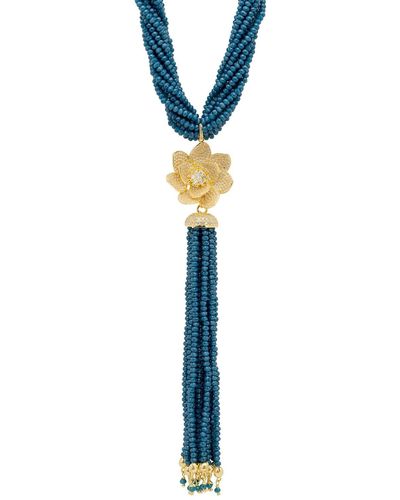 LÁTELITA London Lotus Flower Tassel Statement Necklace Iolite Blue Gold