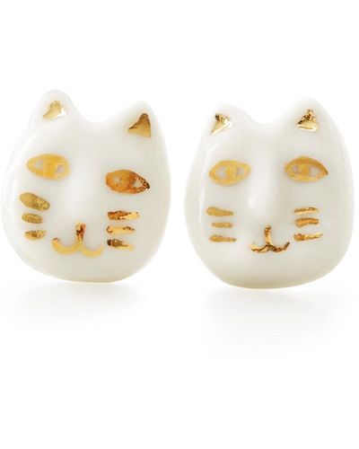 POPORCELAIN Porcelain Lucky Cat Stud Earrings - Metallic