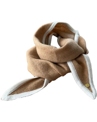 tirillm Ayla Small Neck Scarf In Soft Pure Cashmere, Camel Beige With Off White Trimming - Brown
