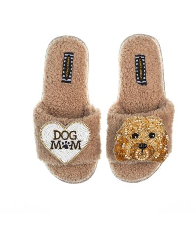 Laines London Teddy Toweling Slippers With Enki-doo The Cockapoo & Dog Mum /mom Brooches - Natural