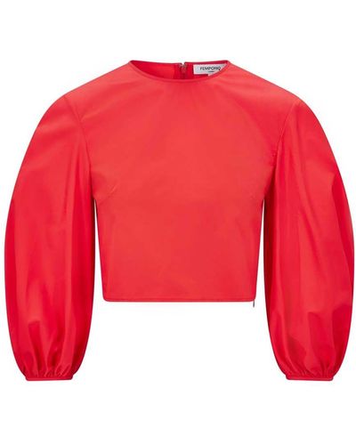 Femponiq Puff Sleeve Cropped Cotton Top - Red