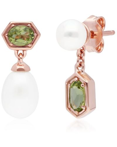 Gemondo Mismatched Peridot & Pearl Dangle Earrings In Rose Gold Plated Silver - Green