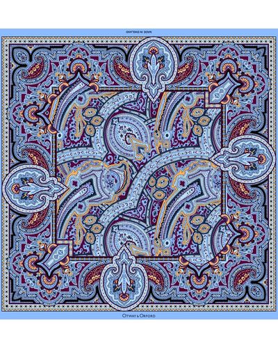 Otway & Orford 'labyrinth' Paisley Silk Pocket Square In Blue, Burgundy & Gold. Full-size.