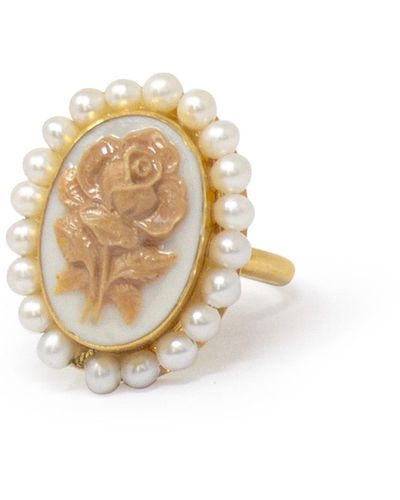 Vintouch Italy Gold-plated Flower Cameo And Pearl Stacking Ring - Metallic