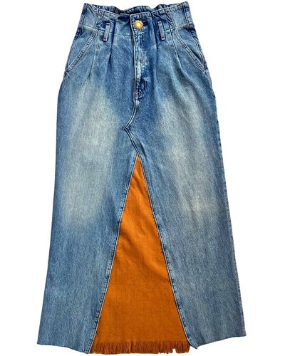 L2R THE LABEL Upcycled Skirt In Panelled Blue & Tan Denim