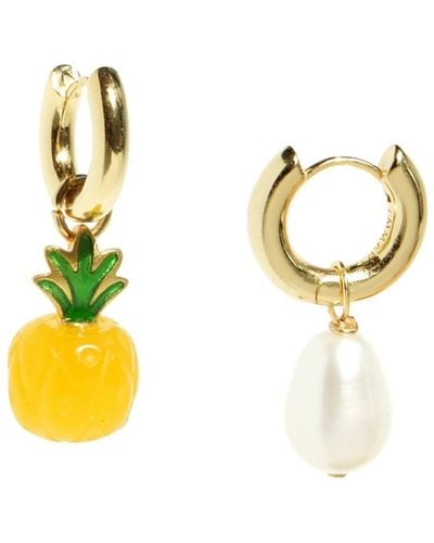 I'MMANY LONDON Organic Fruit & Pearl Asymmetrical Hoop Earrings, 18k Gold Vermeil, Jade Pineapple - Metallic